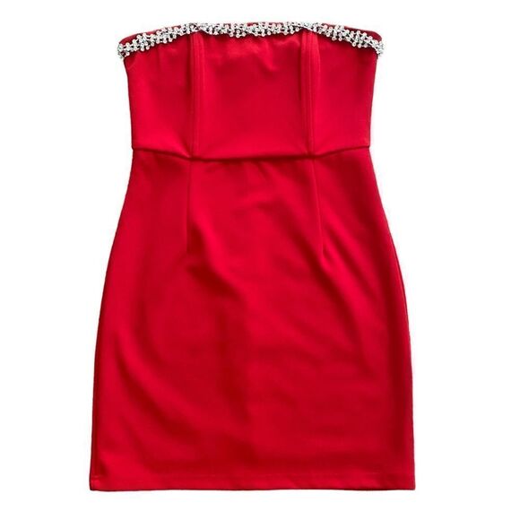 NEW Lulu’s | Feel the Beat Red Rhinestone Strapless Bodycon Mini Dress, Size M - Picture 5 of 15
